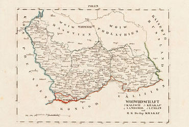 Aneks 2 mapa 1. Pochodząca z wydanego w 1825 roku w Lipsku dzieła Atlas von Europa… etc. Wilhelma Ernsta Augusta von Schliebena mapa województw kaliskiego, krakowskiego, sandomierskiego i lubelskiego wraz z Rzecząpospolitą Krakowską. Utworzone na kongresie wiedeńskim w 1815 roku państwo-miasto Wolne Miasto Kraków, zwane Rzecząpospolitą Krakowską, sąsiadowało od północy i zachodu z Królestwem Polskim, od południa, przez Wisłę, z krajem Cesarstwa Austrii – Królestwem Galicji i Lodomerii, od zachodu z Królestwem Prus. Miasteczka i wsie okołokrakowskie leżące po prawej stronie Wisły pozostawały zatem w granicach austriackiej Galicji. W 1846 roku Rzeczpospolita została zlikwidowana – jej teren został włączony do zaboru austriackiego, stając się Wielkim Księstwem Krakowskim w ramach Królestwa Galicji (Biblioteka Uniwersytetu Wileńskiego, zbiory Lelewela, sygn. M 1925, XIV-2)