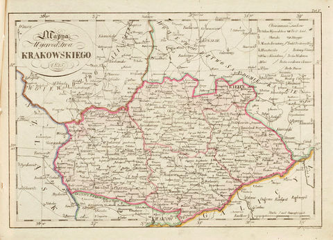 Aneks 3 mapa 1. Pochodząca z 1825 roku Mappa Województwa Krakowskiego rytowana przez Seweryna Oleszczyńskiego przedstawiająca stan ustalony na kongresie wiedeńskim w 1815 roku, po upadku Księstwa Warszawskiego – w wyniku traktatu kongresowego terytorium Księstwa zostało rozparcelowane między trzech zaborców, utworzono też państwo-miasto Rzeczpospolitą Krakowską. Województwo krakowskie w całości położone było w Królestwie Polskim, to znaczy poza Krakowem i zasadniczą częścią tradycyjnej ziemi krakowskiej. Stolicą ówczesnego województwa krakowskiego był Miechów, następnie Kielce. W roku 1837 roku województwo to zastąpione zostało gubernią krakowską ze stolicą w Kielcach, przemianowaną w 1841 roku na gubernię kielecką. Na powiększonym fragmencie mapy widoczny przebieg granicy między Rzecząpospolitą Krakowską a Królestwem Polskim – po lewej stronie Wisły wszystkie wsie później przyłączone do Krakowa znajdowały się w granicach państwa-miasta; vide także podpis do mapy na poprzedniej stronie (Biblioteka Uniwersytetu Wileńskiego, zbiory Lelewela, sygn. M 114, tabl. V)