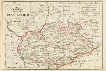 Aneks 3 mapa 1. Pochodząca z 1825 roku Mappa Województwa Krakowskiego rytowana przez Seweryna Oleszczyńskiego przedstawiająca stan ustalony na kongresie wiedeńskim w 1815 roku, po upadku Księstwa Warszawskiego – w wyniku traktatu kongresowego terytorium Księstwa zostało rozparcelowane między trzech zaborców, utworzono też państwo-miasto Rzeczpospolitą Krakowską. Województwo krakowskie w całości położone było w Królestwie Polskim, to znaczy poza Krakowem i zasadniczą częścią tradycyjnej ziemi krakowskiej. Stolicą ówczesnego województwa krakowskiego był Miechów, następnie Kielce. W roku 1837 roku województwo to zastąpione zostało gubernią krakowską ze stolicą w Kielcach, przemianowaną w 1841 roku na gubernię kielecką. Na powiększonym fragmencie mapy widoczny przebieg granicy między Rzecząpospolitą Krakowską a Królestwem Polskim – po lewej stronie Wisły wszystkie wsie później przyłączone do Krakowa znajdowały się w granicach państwa-miasta; vide także podpis do mapy na poprzedniej stronie (Biblioteka Uniwersytetu Wileńskiego, zbiory Lelewela, sygn. M 114, tabl. V)