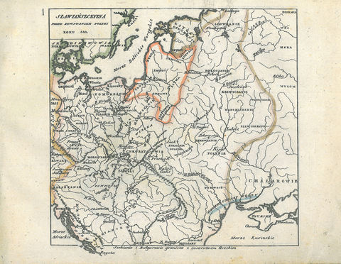 Mapa nr 1 Terytorium ziemi krakowskiej na mapie przedstawiającej Europę Środkową doby plemiennej, w połowie IX wieku; przyjmuje się, że w IX wieku część ziem zwanych później Małopolską zajmowało plemię Wiślan z głównym grodem Krakowem – prawdopodobnie popadło ono w drugiej połowie IX wieku w zależność od państwa wielkomorawskiego, następnie od Węgrów i Czechów (czerwonym okręgiem zaznaczono położenie Krakowa, co dotyczy całej prezentowanej tu kolekcji map Lelewela)