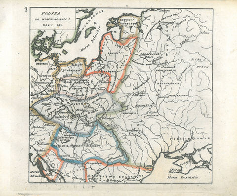 Mapa nr 2 Terytorium ziemi krakowskiej na mapie przedstawiającej państwo Mieszka I, według oryginalnego tytułu w 992 roku – tu mylnie Kraków i Małopolska jeszcze w granicach państwa czeskiego; Mieszko I przyłączył te ziemie do swojego państwa przed 992 rokiem, najdalej w roku 990, odbierając Małopolskę po wojnie polsko-czeskiej prowadzonej z księciem czeskim Bolesławem II Pobożnym (vide podpis pod mapką na s. 170)
