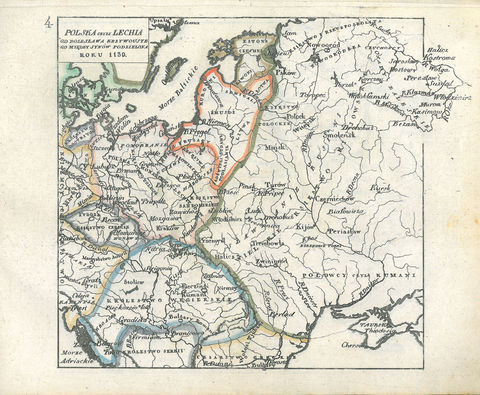 Mapa nr 4 Terytorium ziemi krakowskiej na mapie przedstawiającej państwo polskie u progu rozbicia dzielnicowego (połowa XII wieku) – w świetle testamentu Bolesława Krzywoustego wraz z rokiem 1138 ziemia krakowska weszła w skład Księstwa Krakowskiego w randze dzielnicy senioralnej