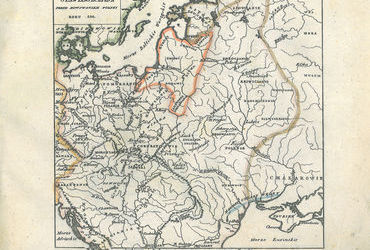 Mapa nr 1 Terytorium ziemi krakowskiej na mapie przedstawiającej Europę Środkową doby plemiennej, w połowie IX wieku; przyjmuje się, że w IX wieku część ziem zwanych później Małopolską zajmowało plemię Wiślan z głównym grodem Krakowem – prawdopodobnie popadło ono w drugiej połowie IX wieku w zależność od państwa wielkomorawskiego, następnie od Węgrów i Czechów (czerwonym okręgiem zaznaczono położenie Krakowa, co dotyczy całej prezentowanej tu kolekcji map Lelewela)