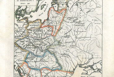 Mapa nr 2 Terytorium ziemi krakowskiej na mapie przedstawiającej państwo Mieszka I, według oryginalnego tytułu w 992 roku – tu mylnie Kraków i Małopolska jeszcze w granicach państwa czeskiego; Mieszko I przyłączył te ziemie do swojego państwa przed 992 rokiem, najdalej w roku 990, odbierając Małopolskę po wojnie polsko-czeskiej prowadzonej z księciem czeskim Bolesławem II Pobożnym (vide podpis pod mapką na s. 170)