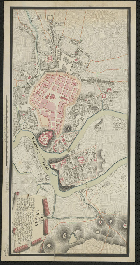 Plan Krakowa wyrysowany w 1792 r. – oryginalnie zorientowany geograficznie  na wschód, tu prezentowany przy zachowaniu orientacji północnej (Staatsbibliothek zu Berlin, Kartenabteilung, sygn. SBB III C, Kart X, 38026).