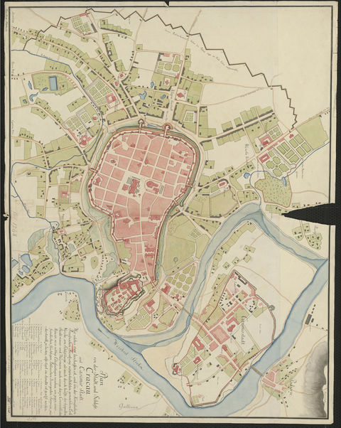 Plan miasta Krakowa i zamku krakowskiego oraz miasta Kazimierza z 1794 r. – tu prezentowany przy zachowaniu oryginalnego, wschodniego  zorientowania geograficznego; z lewej strony planu zaznaczone zostały czarną, poprowadzoną zakosami linią, okopy kościuszkowskie  (Staatsbibliothek zu Berlin, Kartenabteilung, sygn. SBB III C, Kart X, 38027).