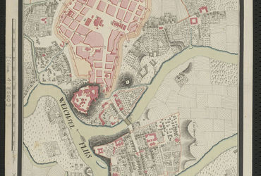 Plan Krakowa wyrysowany w 1792 r. – oryginalnie zorientowany geograficznie  na wschód, tu prezentowany przy zachowaniu orientacji północnej (Staatsbibliothek zu Berlin, Kartenabteilung, sygn. SBB III C, Kart X, 38026).