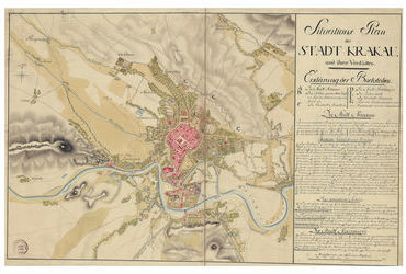 Sytuacyjny plan Krakowa i przedmieść - Situationsplan der Stadt Cracau und ihrer Vorstädte z 1809 r.; nowe, poszerzone w stosunku do okresu staropolskiego granice Krakowa kształtowały się od roku 1792, ale dopiero w roku 1802 zostały formalnie ustabilizowane, z byłymi miastami Kazimierzem i Kleparzem oraz wszystkimi jurydykami przykrakowskimi i kilkoma gminami-wsiamni lub ich częściami w obrębie tych krakowskich granic; w latach 1810-1815 w granicach Krakowa przejściowo znajdzie się miasto Podgórze, wówczas o statusie krakowskiej dzielnicy administracyjnej (Österreichisches Staatsarchiv, Kriegsarchiv, sygn.  G Ih 333)