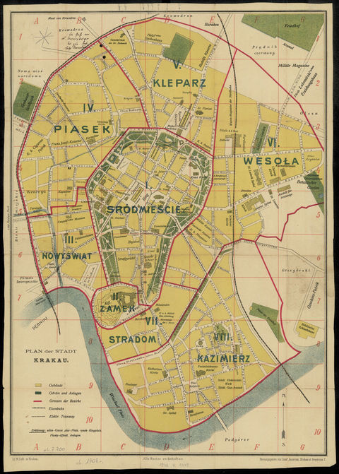 Plan Krakowa pod nazwą Plan der Stadt Krakau, od nazwiska autora zwany „planem Jezierskiego”, wydanie z roku ok. 1908 w wersji niemieckojęzycznej; na planie czerwonymi liniami wyrysowane granice ówczesnych ośmiu dzielnic katastralnych oraz wypisane ich numery i nazwy (Biblioteka Narodowa w Warszawie, sygn. ZZK 9 762)