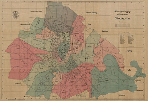 Plan ogólny stoł. krol. miasta Krakowa wydany w 1925 r. na podstawie planu sporządzonego w Budownictwie Miejskim w roku 1916; na planie wyodrębnione kolorami dzielnice katastralne, wraz z ich spisem w legendzie (Biblioteka Jagiellońska, sygn. M 41/95) 