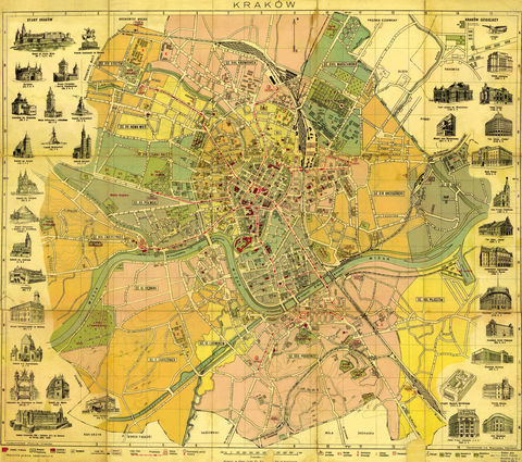 Kraków – plan miasta wyrysowany przez Stanisława Wyrobka, wydany w roku 1934; także i ten plan wyodrębnia kolorystycznie obszary poszczególnych dzielnic katastralnych, z podaniem ich numerów i nazw własnych. Według dzielnic katastralnych określano położenie terytorialne w obrębie obszaru miasta – położenie nieruchomości gruntowych, a w ślad za tym lokalizację ulic i placów, domów, obiektów użyteczności publicznej itd. Ponieważ plan miasta służyć miał orientacji w terenie, ten właśnie podział, na dzielnice katastralne, wprowadzano do wydawnictw adresowanych powszechnie, w tym do planów miasta. Równolegle istniał podział miasta na dzielnice administracyjne, o czym szeroko w Tomie IV Pocztu. W latach 1859-1910 obszar Krakowa podzielony był na 8 dzielnic katastralnych. Utworzenie Wielkiego Krakowa doprowadziło do zwiększenia ich ilości, w roku 1915 były to już 22 dzielnice katastralne; stan ten przetrwał do okupacji niemieckiej, kiedy to w roku 1941 kolejne poszerzenie powierzchni miasta spowodowało objęcie granicami Krakowa łącznie 52 dzielnic katastralnych. Ilość ta w roku 1951 zwiększyła się – w efekcie kolejnych przyłączeń terytorialnych do granic miasta – do 64. W roku 1955 uznano wydzielanie dzielnic katastralnych za nieprzydatne i podział ten zlikwidowano. W miejsce dzielnic katastralnych na planach miasta zaczęły pojawiać się dzielnice administracyjne (por. wyżej plany z lat 1964 i 1979. (Biblioteka Jagiellońska, sygn. M 41/109)