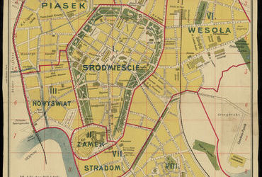 Plan Krakowa pod nazwą Plan der Stadt Krakau, od nazwiska autora zwany „planem Jezierskiego”, wydanie z roku ok. 1908 w wersji niemieckojęzycznej; na planie czerwonymi liniami wyrysowane granice ówczesnych ośmiu dzielnic katastralnych oraz wypisane ich numery i nazwy (Biblioteka Narodowa w Warszawie, sygn. ZZK 9 762)