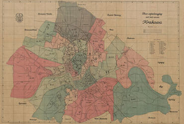 Plan ogólny stoł. krol. miasta Krakowa wydany w 1925 r. na podstawie planu sporządzonego w Budownictwie Miejskim w roku 1916; na planie wyodrębnione kolorami dzielnice katastralne, wraz z ich spisem w legendzie (Biblioteka Jagiellońska, sygn. M 41/95) 