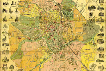 Kraków – plan miasta wyrysowany przez Stanisława Wyrobka, wydany w roku 1934; także i ten plan wyodrębnia kolorystycznie obszary poszczególnych dzielnic katastralnych, z podaniem ich numerów i nazw własnych. Według dzielnic katastralnych określano położenie terytorialne w obrębie obszaru miasta – położenie nieruchomości gruntowych, a w ślad za tym lokalizację ulic i placów, domów, obiektów użyteczności publicznej itd. Ponieważ plan miasta służyć miał orientacji w terenie, ten właśnie podział, na dzielnice katastralne, wprowadzano do wydawnictw adresowanych powszechnie, w tym do planów miasta. Równolegle istniał podział miasta na dzielnice administracyjne, o czym szeroko w Tomie IV Pocztu. W latach 1859-1910 obszar Krakowa podzielony był na 8 dzielnic katastralnych. Utworzenie Wielkiego Krakowa doprowadziło do zwiększenia ich ilości, w roku 1915 były to już 22 dzielnice katastralne; stan ten przetrwał do okupacji niemieckiej, kiedy to w roku 1941 kolejne poszerzenie powierzchni miasta spowodowało objęcie granicami Krakowa łącznie 52 dzielnic katastralnych. Ilość ta w roku 1951 zwiększyła się – w efekcie kolejnych przyłączeń terytorialnych do granic miasta – do 64. W roku 1955 uznano wydzielanie dzielnic katastralnych za nieprzydatne i podział ten zlikwidowano. W miejsce dzielnic katastralnych na planach miasta zaczęły pojawiać się dzielnice administracyjne (por. wyżej plany z lat 1964 i 1979. (Biblioteka Jagiellońska, sygn. M 41/109)