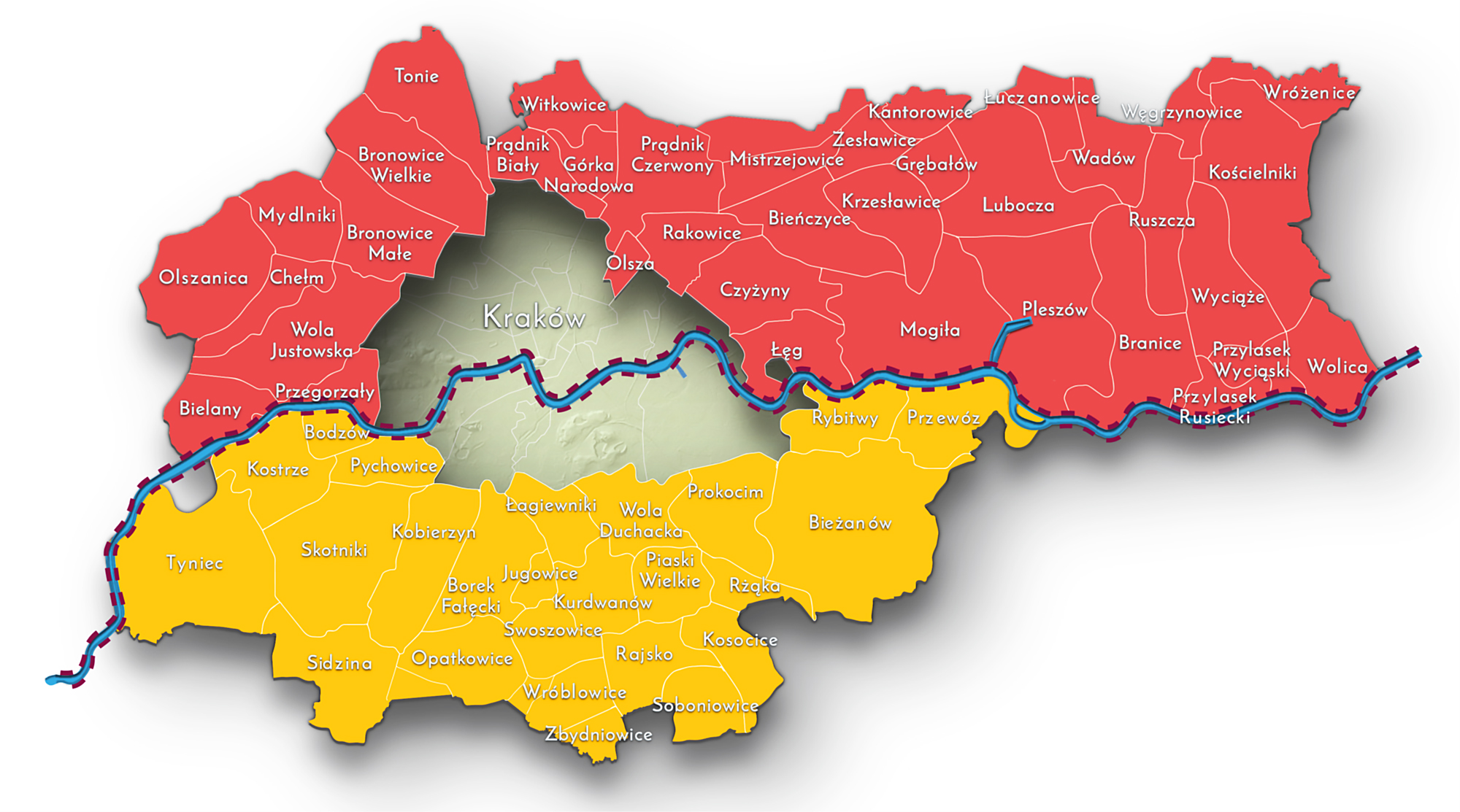 Mapa 28. Miejscowości włączone do Krakowa po 1915 roku według przynależności wojewódzkiej w I Rzeczypospolitej oraz prowincjonalnej w monarchii habsburskiej (w latach 1772-1795).