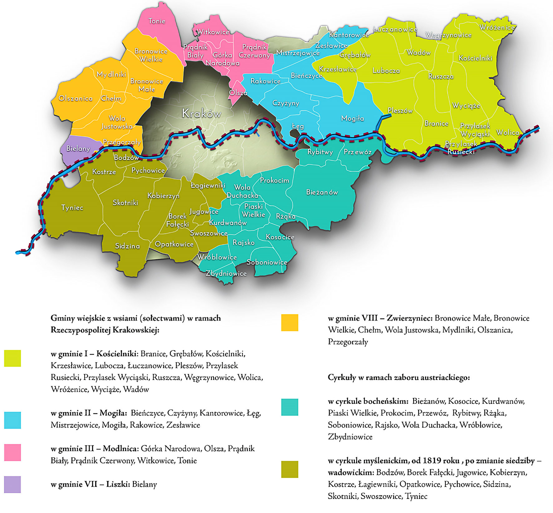 Mapa 45. Miejscowości włączone do Krakowa po 1915 roku według przynależności do gmin wiejskich w Rzeczypospolitej Krakowskiej oraz cyrkułów w zaborze austriackim (w latach 1815-1837).