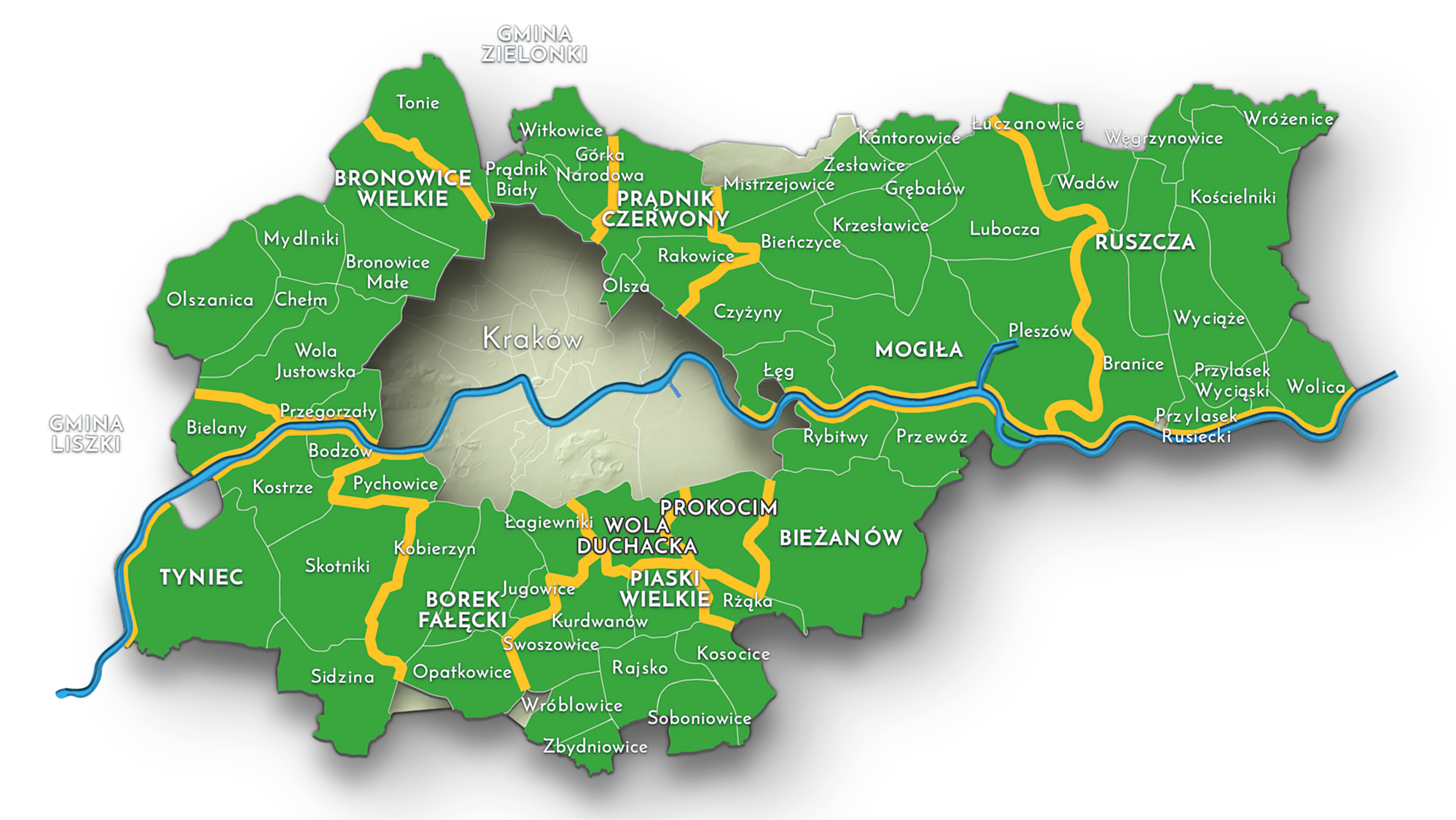 Mapa 50. Miejscowości włączone do Krakowa po 1915 roku według przynależności do powiatów oraz gmin zbiorczych i jednostkowych w II Rzeczypospolitej i w początkowym okresie okupacji niemieckiej (w latach 1934-1941).