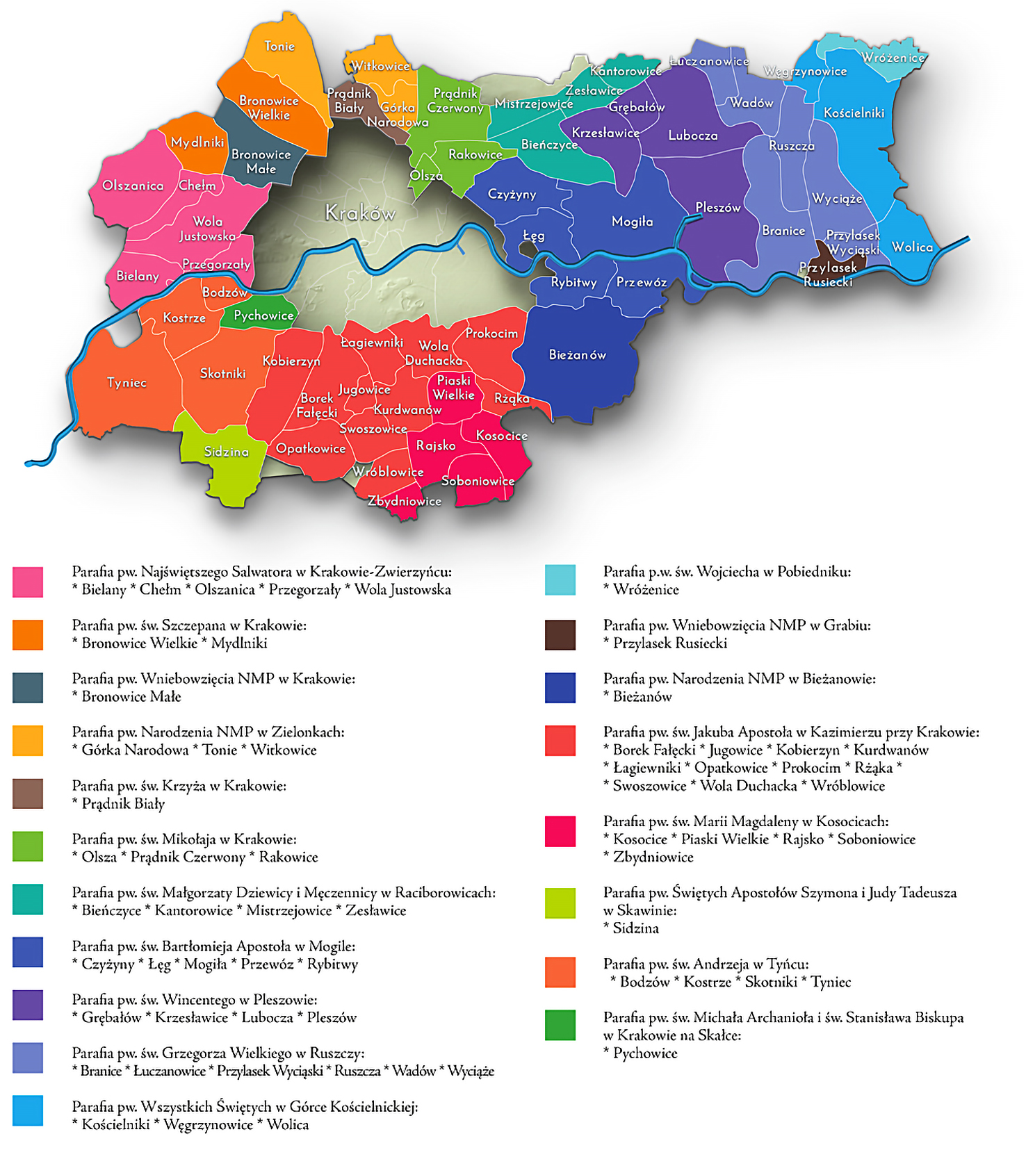 Mapa 54. Przynależność do parafii miejscowości włączonych do Krakowa po 1915 roku według stanu z roku 1772 (w przededniu pierwszego rozbioru Polski).