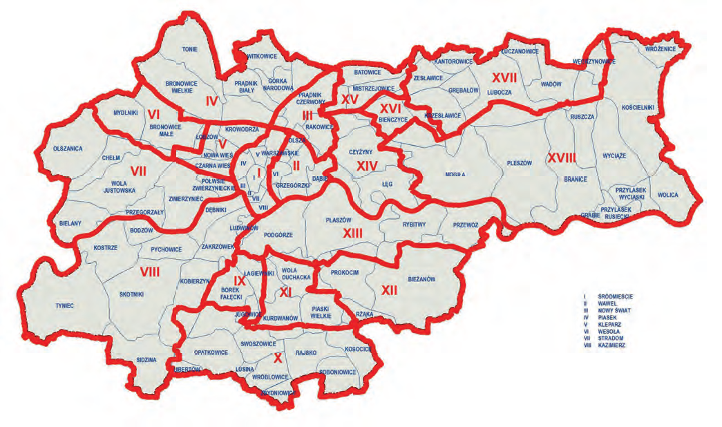 Mapa 173. Tereny 18 dzielnic Krakowa a tereny dawnych gmin katastralnych.