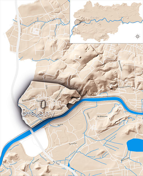Mapa 24. Bielany. Orientacyjna lokalizacja dawnej wsi Bielany w obecnych granicach Krakowa – na planie miasta oznaczono jej położenie w kształcie wyznaczonym granicami jednostki katastralnej, jaką stanowiła, ze wskazaniem najstarszego, historycznego centrum Bielan w rejonie dzisiejszej ulicy Orlej.