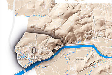 Mapa 24. Bielany. Orientacyjna lokalizacja dawnej wsi Bielany w obecnych granicach Krakowa – na planie miasta oznaczono jej położenie w kształcie wyznaczonym granicami jednostki katastralnej, jaką stanowiła, ze wskazaniem najstarszego, historycznego centrum Bielan w rejonie dzisiejszej ulicy Orlej.