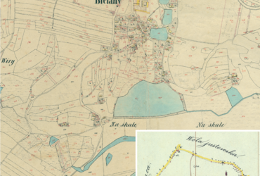 Mapa 25. Fragment centrum Bielan na mapie katastralnej sporządzonej dla gminy katastralnej Bielany w 1850 roku oraz pochodzący z lat 1847–1848 plan sytuacyjny z wyrysowanymi granicami gminy Bielany i lokalizacją gmin sąsiadujących (Archiwum Narodowe w Krakowie, sygn. K. Krak. 19 II, III; sygn. WM 562, s. 219).