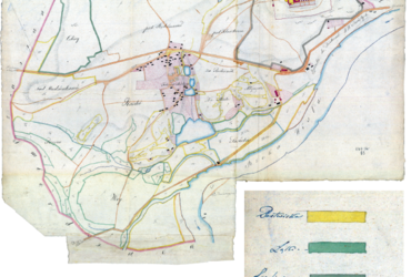 Mapa 26. Bielany.  Z Archiwum Wolnego Miasta Krakowa mapa wsi Bielany w oryginale wyrysowana w 1820 roku przez Karola Bełcikowskiego, geometrę rządowego, tu w kopii wykonanej przez Teofila Żebrawskiego – oraz powiększenie ocalałego fragmentu legendy (Archiwum Narodowe w Krakowie, sygn. 29/200/65).