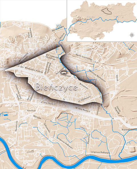 Mapa 27. Bieńczyce. Orientacyjna lokalizacja dawnej wsi Bieńczyce w obecnych granicach Krakowa – na planie miasta oznaczono jej położenie w kształcie wyznaczonym granicami jednostki katastralnej, jaką stanowiła, ze wskazaniem najstarszego, historycznego centrum Bieńczyc w rejonie dzisiejszych ulic Cienistej i Kaczeńcowej.