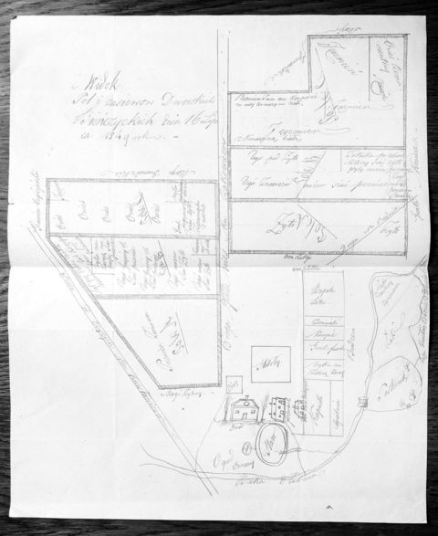 Mapa 29. Bieńczyce. Sporządzony w 1849 roku Widok pól i zasiewów Dworskich Bieńczyckich stanowiących uposażenie proboszcza parafii św. Floriana na Kleparzu (Archiwum Bazyliki św. Floriana w Krakowie, sygn. fasc. 6).