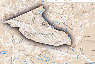 Mapa 27. Bieńczyce. Orientacyjna lokalizacja dawnej wsi Bieńczyce w obecnych granicach Krakowa – na planie miasta oznaczono jej położenie w kształcie wyznaczonym granicami jednostki katastralnej, jaką stanowiła, ze wskazaniem najstarszego, historycznego centrum Bieńczyc w rejonie dzisiejszych ulic Cienistej i Kaczeńcowej.