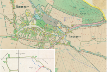 Mapa 28. Bieńczyce. Centrum Bieńczyc na mapie katastralnej sporządzonej dla gminy katastralnej Bieńczyce w 1850 roku oraz pochodzący z lat 1847–1848 plan sytuacyjny z wyrysowanymi granicami gminy Bieńczyce i lokalizacją gmin sąsiadujących (Archiwum Narodowe w Krakowie, sygn. K. Krak. 24-IV, V; sygn. WM 562, s. 237). 