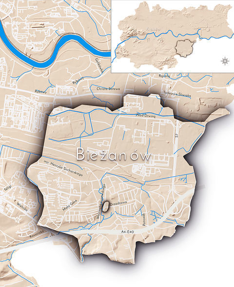 Mapa 30. Bieżanów. Orientacyjna lokalizacja dawnej wsi Bieżanów w obecnych granicach Krakowa – na planie miasta oznaczono jej położenie w kształcie wyznaczonym granicami jednostki katastralnej, jaką stanowiła, ze wskazaniem najstarszego, historycznego centrum Bieżanowa w rejonie dzisiejszej ulicy Lipowskiego.