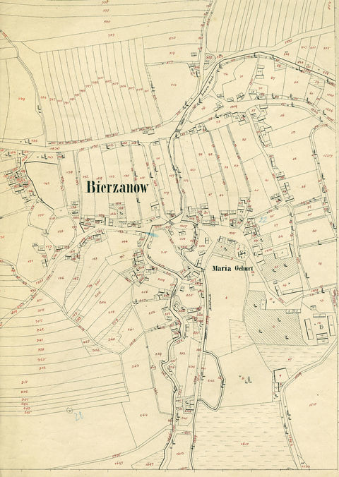 Mapa 31. Bieżanów. Centrum Bieżanowa na mapie katastralnej sporządzonej dla gminy katastralnej Bieżanów w 1849 roku oraz pochodzący z 1845 roku plan sytuacyjny z wyrysowanymi granicami gminy Bieżanów i lokalizacją gmin sąsiadujących (Archiwum Narodowe w Krakowie, sygn. K. Krak. 34 V; sygn. K. Krak. op. 6, s. 1).