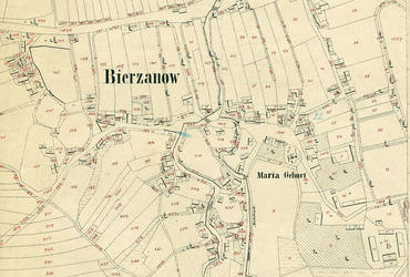 Mapa 31. Bieżanów. Centrum Bieżanowa na mapie katastralnej sporządzonej dla gminy katastralnej Bieżanów w 1849 roku oraz pochodzący z 1845 roku plan sytuacyjny z wyrysowanymi granicami gminy Bieżanów i lokalizacją gmin sąsiadujących (Archiwum Narodowe w Krakowie, sygn. K. Krak. 34 V; sygn. K. Krak. op. 6, s. 1).