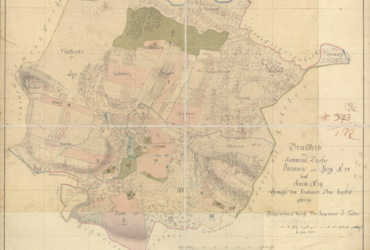 Mapa 32. Bieżanów. Mapa wsi Bieżanów z Kaimem i Łazami sporządzona przez inżyniera Fiedera w 1784 roku, w dwa lata po przejściu dóbr bieżanowskich, do tej pory będących własnością kościelną, na rzecz Funduszu Religijnego powołanego przez Austriaków dla finansowania szkolnictwa, szpitali i nowych parafii; na mapce kolorami zaznaczono własność niektórych gruntów, budynki, lasy, łąki i pastwiska oraz drogi i wody (Archiwum Narodowe w Krakowie, sygn. Zb. Kart. IV-1).