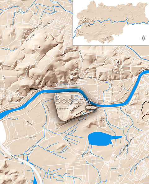 Mapa 33. Orientacyjna lokalizacja dawnej wsi Bodzów w obecnych granicach Krakowa – na planie miasta oznaczono jej położenie w kształcie wyznaczonym granicami jednostki katastralnej, jaką stanowiła, ze wskazaniem najstarszego, historycznego centrum Bodzowa w rejonie dzisiejszej ulicy Widłakowej.