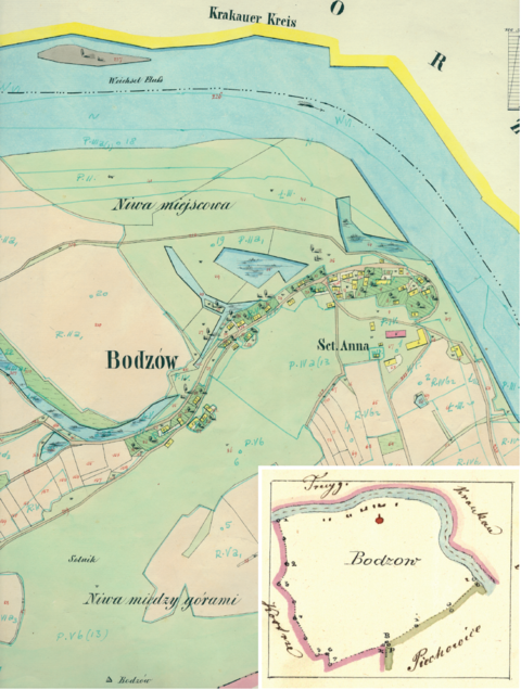 Mapa 34. Bodzów. Centrum Bodzowa na mapie katastralnej sporządzonej dla gminy katastralnej Bodzów w 1848 roku oraz pochodzący z 1845 roku plan sytuacyjny z wyrysowanymi granicami gminy Bodzów i lokalizacją gmin sąsiadujących (Archiwum Narodowe w Krakowie, sygn. K. Krak. 44; sygn. K. Krak. op. 7, s. 53).