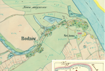 Mapa 34. Bodzów. Centrum Bodzowa na mapie katastralnej sporządzonej dla gminy katastralnej Bodzów w 1848 roku oraz pochodzący z 1845 roku plan sytuacyjny z wyrysowanymi granicami gminy Bodzów i lokalizacją gmin sąsiadujących (Archiwum Narodowe w Krakowie, sygn. K. Krak. 44; sygn. K. Krak. op. 7, s. 53).