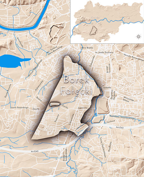 Mapa 35. Borek Fałęcki. Orientacyjna lokalizacja dawnej wsi Borek Fałęcki w obecnych granicach Krakowa – na planie miasta oznaczono jej położenie w kształcie wyznaczonym granicami jednostki katastralnej, jaką stanowiła, ze wskazaniem najstarszego, historycznego centrum Borku Fałęckiego w rejonie dzisiejszej ulicy Zawiłej.