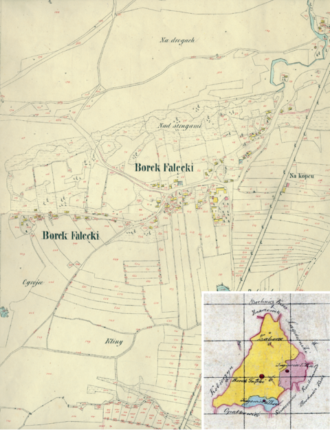 Mapa 36. Borek Fałęcki. Centrum Borku Fałęckiego na mapie katastralnej sporządzonej dla gminy katastralnej Borek Fałęcki w 1848 roku oraz pochodzący z 1845 roku plan sytuacyjny z wyrysowanymi granicami gminy Borek Fałęcki i lokalizacją gmin sąsiadujących (Archiwum Narodowe w Krakowie, sygn. K. Krak. 56 III, IV; sygn. 29/280/938, k. 1).