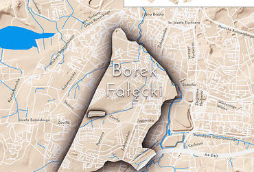 Mapa 35. Borek Fałęcki. Orientacyjna lokalizacja dawnej wsi Borek Fałęcki w obecnych granicach Krakowa – na planie miasta oznaczono jej położenie w kształcie wyznaczonym granicami jednostki katastralnej, jaką stanowiła, ze wskazaniem najstarszego, historycznego centrum Borku Fałęckiego w rejonie dzisiejszej ulicy Zawiłej.
