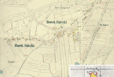 Mapa 36. Borek Fałęcki. Centrum Borku Fałęckiego na mapie katastralnej sporządzonej dla gminy katastralnej Borek Fałęcki w 1848 roku oraz pochodzący z 1845 roku plan sytuacyjny z wyrysowanymi granicami gminy Borek Fałęcki i lokalizacją gmin sąsiadujących (Archiwum Narodowe w Krakowie, sygn. K. Krak. 56 III, IV; sygn. 29/280/938, k. 1).