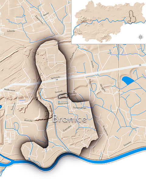 Mapa 37. Branice. Orientacyjna lokalizacja dawnej wsi Branice w obecnych granicach Krakowa – na planie miasta oznaczono jej położenie w kształcie wyznaczonym granicami jednostki katastralnej, jaką stanowiła, ze wskazaniem najstarszego, historycznego centrum Branic w rejonie dzisiejszej ulicy Plastusia.