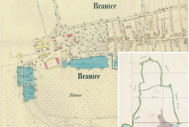 Mapa 38. Branice. Fragment Branic na mapie katastralnej sporządzonej dla gminy katastralnej Branice w 1850 roku oraz pochodzący z lat 1847–1848 plan sytuacyjny z wyrysowanymi granicami gminy Branice i lokalizacją gmin sąsiadujących (Archiwum Narodowe w Krakowie, sygn. K. Krak. 69 II, IV; sygn. WM 562, s. 381).