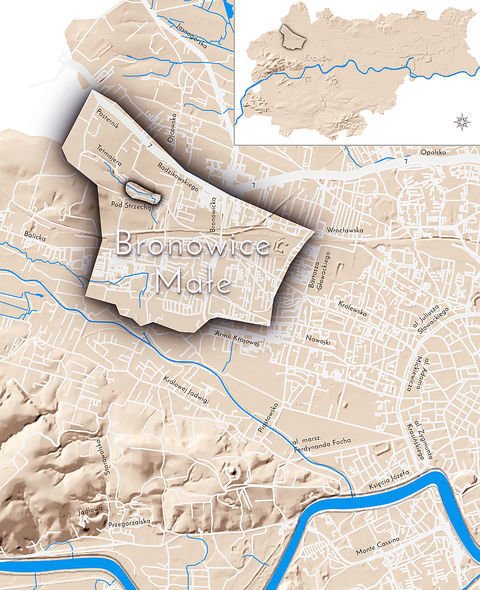 Mapa 39. Bronowice Małe. Orientacyjna lokalizacja dawnej wsi Bronowice Małe w obecnych granicach Krakowa – na planie miasta oznaczono jej położenie w kształcie wyznaczonym granicami jednostki katastralnej, jaką stanowiła, ze wskazaniem najstarszego, historycznego centrum Bronowic Małych w rejonie dzisiejszych ulic Tetmajera i Pod Strzechą.