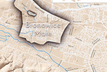 Mapa 39. Bronowice Małe. Orientacyjna lokalizacja dawnej wsi Bronowice Małe w obecnych granicach Krakowa – na planie miasta oznaczono jej położenie w kształcie wyznaczonym granicami jednostki katastralnej, jaką stanowiła, ze wskazaniem najstarszego, historycznego centrum Bronowic Małych w rejonie dzisiejszych ulic Tetmajera i Pod Strzechą.