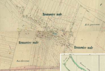 Mapa 40. Bronowice Małe. Centrum Bronowic Małych na mapie katastralnej sporządzonej dla gminy katastralnej Bronowice Małe w 1850 roku oraz pochodzący z lat 1847–1848 plan sytuacyjny z wyrysowanymi granicami gminy Bronowice Małe i lokalizacją gmin sąsiadujących (Archiwum Narodowe w Krakowie, sygn. K. Krak. 71 I–IV; sygn. WM 562, s. 417).