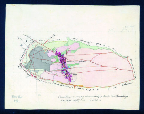 Mapa 44. Bronowice Wielkie. Z Archiwum Wolnego Miasta Krakowa mapa wsi Bronowice Wielkie, w oryginale wyrysowana w 1830 roku przez Karola Bełcikowskiego, geometrę rządowego, tu w kopii wykonanej przez Teofila Żebrawskiego w 1835 roku (Archiwum Narodowe w Krakowie, sygn. 29/200/134).