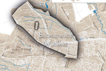 Mapa 42. Bronowice Wielkie. Orientacyjna lokalizacja dawnej wsi Bronowice Wielkie w obecnych granicach Krakowa – na planie miasta oznaczono jej położenie w kształcie wyznaczonym granicami jednostki katastralnej, jaką stanowiła, ze wskazaniem najstarszego, historycznego centrum Bronowic Wielkich w rejonie dzisiejszej ulicy Ojcowskiej.