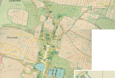 Mapa 43. Bronowice Wielkie. Centrum Bronowic Wielkich na mapie katastralnej sporządzonej dla gminy katastralnej Bronowice Wielkie w 1850 roku oraz pochodzący z lat 1847–1848 plan sytuacyjny z wyrysowanymi granicami gminy Bronowice Wielkie i lokalizacją gmin sąsiadujących (Archiwum Narodowe w Krakowie, sygn. K. Krak. 74 II, IV; sygn. WM 562, s. 439).